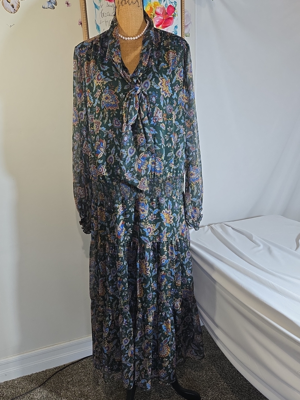 Floral Tie-Neck Long Sleeve Maxi Dress - Dark Green